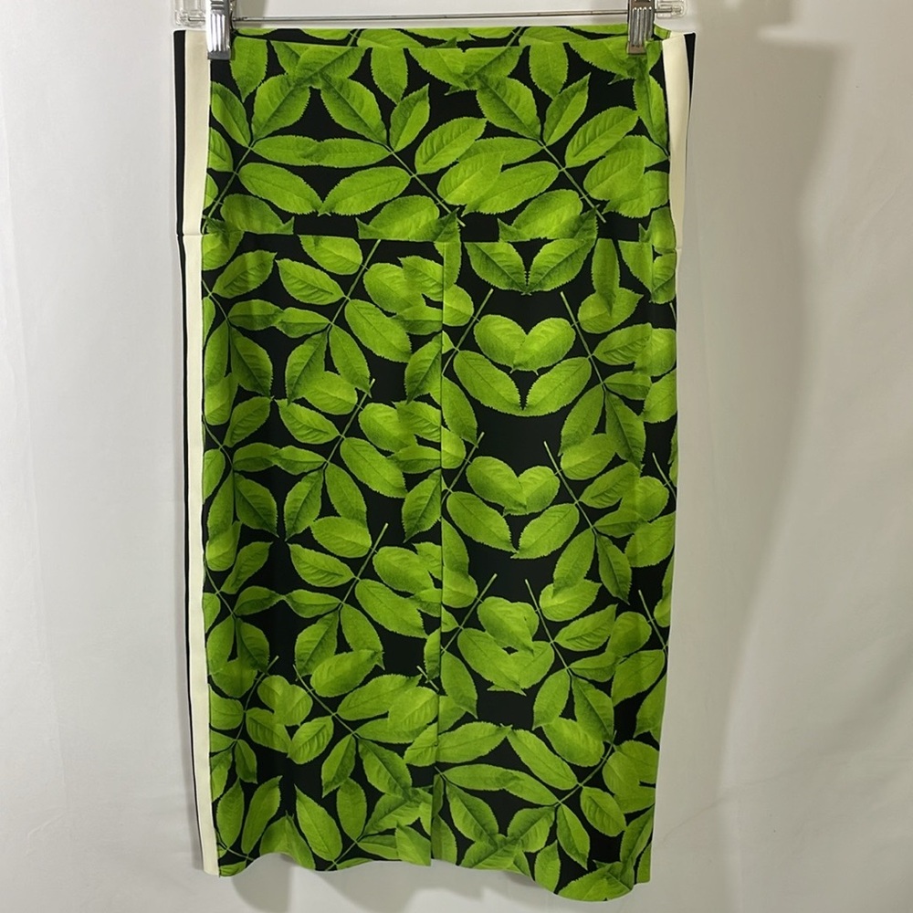 Norma Kamali Green Leaf Botanical Print Side Stripe Midi Pencil Skirt Size M - Picture 3 of 7